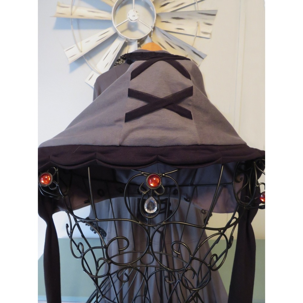 Gothic Style Gray / Black Trim Midi Corst Style Coat Removable Hood Pockets XS - Picture 9 of 16